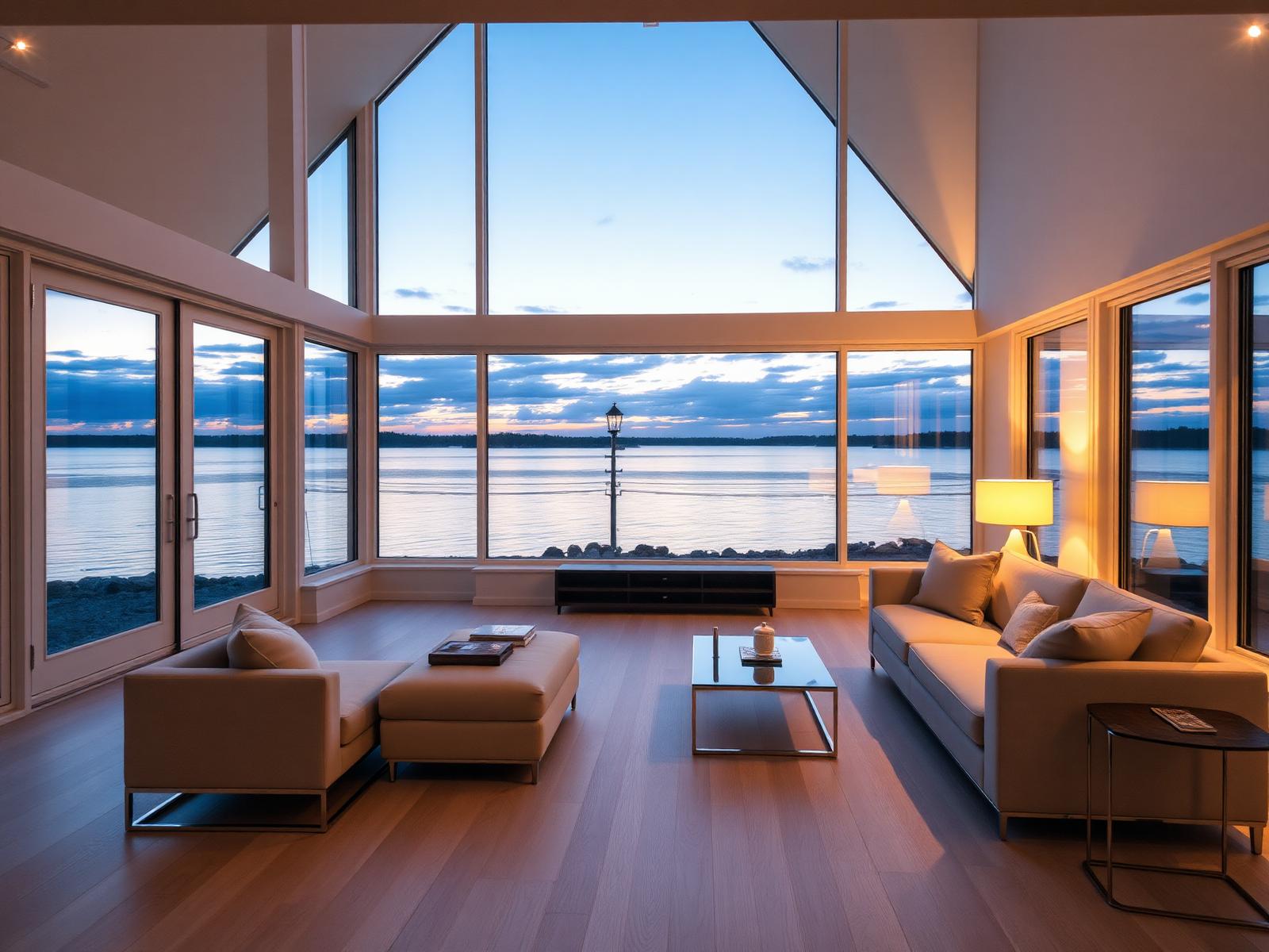 A pristine luxury living room in an Essex County home at dusk